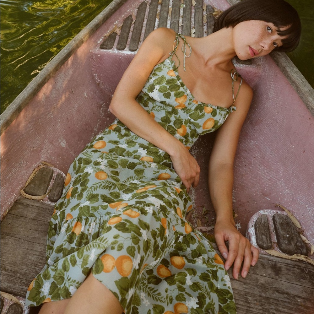 Reformation 6 Embry Orange Grove Ruffle Floral Midi Length Green Dress